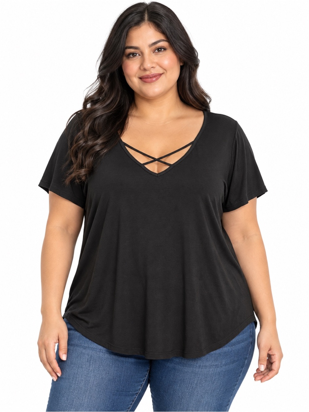 Bozzolo Women’s Black Crisscross V-Neck T-Shirt – Size 3X